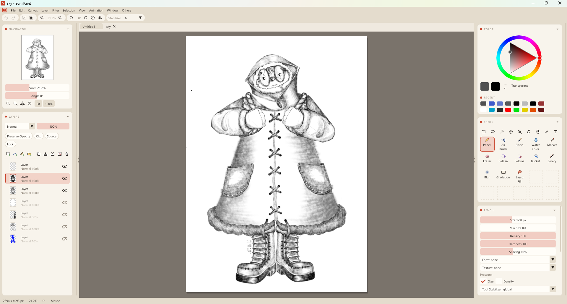 SumiPaint screenshot showing a pencil drawing on the canvas, with layers and tools visible