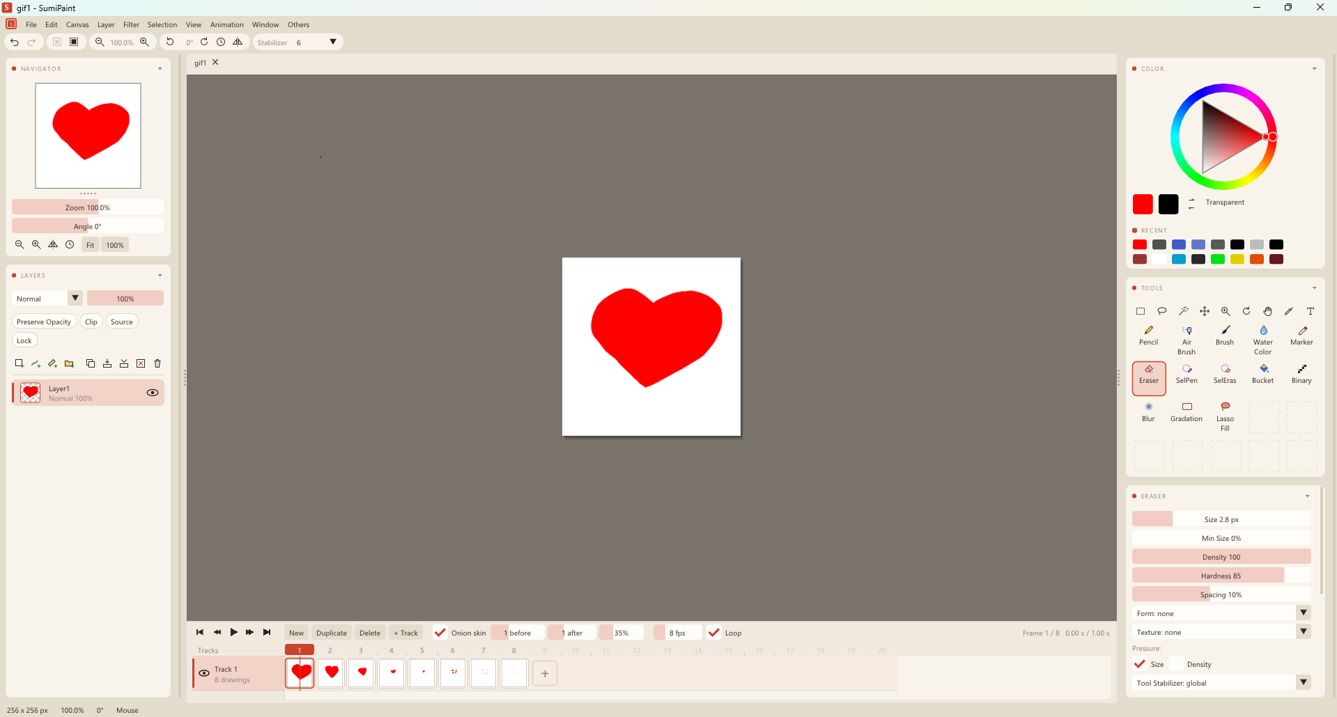 SumiPaint screenshot showing the animation editor, frames, and playback controls